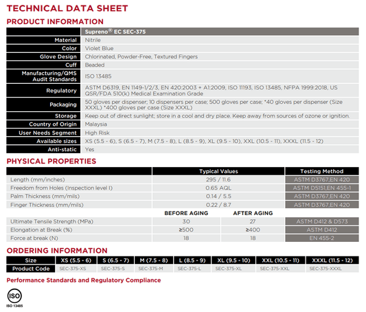 Centerline Dynamics Gloves Ansell MICROFLEX® Supreno® EC SEC-375 Nitrile Gloves, Powder-Free, Size L, 50/Pack