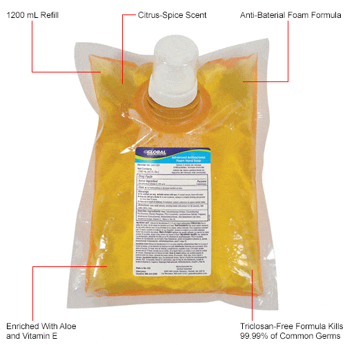 Centerline Dynamics Hand Soap & Cleaners Global Industrial™ Advanced Antibacterial Foam Hand Soap 1200ml Refill - 6 Refills/Case