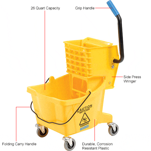 Centerline Dynamics Mops Carlisle Commercial Mop Bucket with Side-Press Wringer 26 Quart, Yellow - 3690804