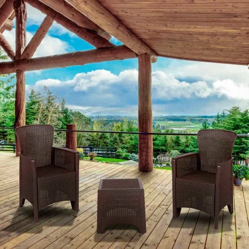 Centerline Dynamics Outdoor Seating 3 Piece Faux Rattan Plastic Chair Set w/ Side Table, Chocolate