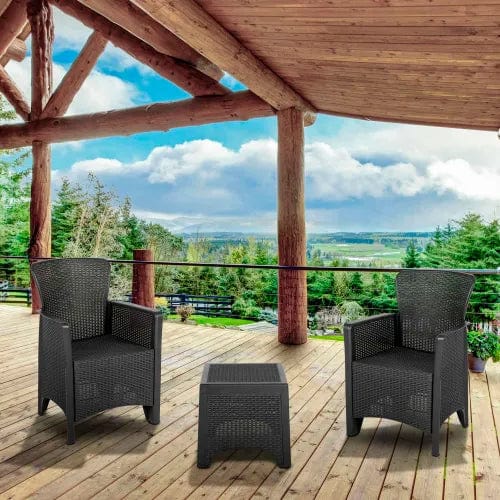 Centerline Dynamics Outdoor Seating 3 Piece Faux Rattan Plastic Chair Set w/ Side Table, Dark Gray