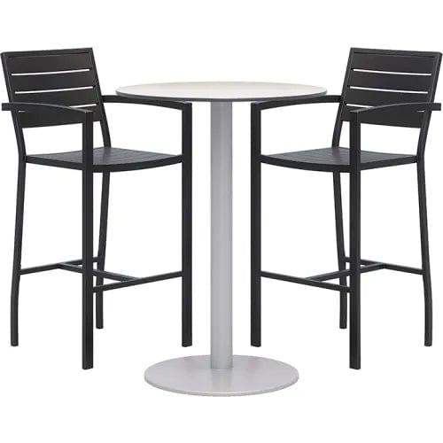 Centerline Dynamics Outdoor Seating 30" Round Table With 2 Barstools, Silver Table w/ Black Barstools