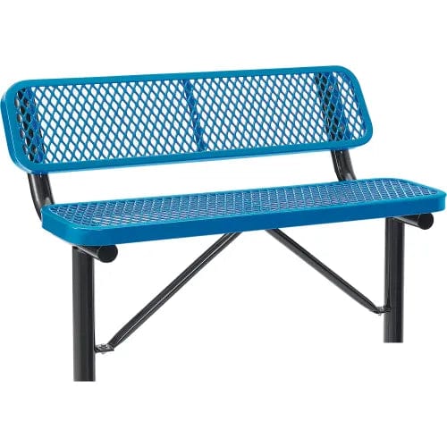 Centerline Dynamics Outdoor Seating 4' Outdoor Steel Bench w/ Backrest, Expanded Metal, In Ground Mount, Blue