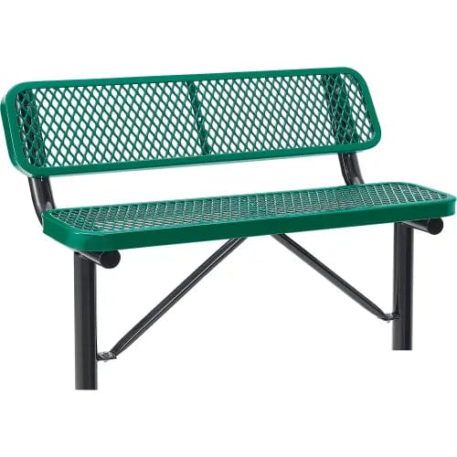 Centerline Dynamics Outdoor Seating 4' Outdoor Steel Bench w/ Backrest, Expanded Metal, In Ground Mount, Green