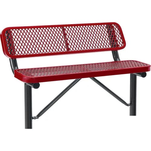 Centerline Dynamics Outdoor Seating 4' Outdoor Steel Bench w/ Backrest, Expanded Metal, In Ground Mount, Red