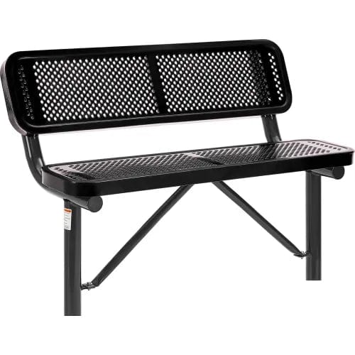 Centerline Dynamics Outdoor Seating 4' Outdoor Steel Bench w/ Backrest, Perforated Metal, In Ground Mount, Black