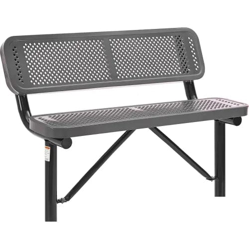 Centerline Dynamics Outdoor Seating 4' Outdoor Steel Bench w/ Backrest, Perforated Metal, In Ground Mount, Gray