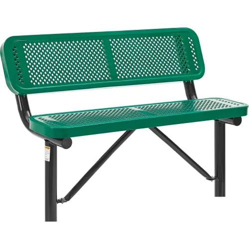 Centerline Dynamics Outdoor Seating 4' Outdoor Steel Bench w/ Backrest, Perforated Metal, In Ground Mount, Green