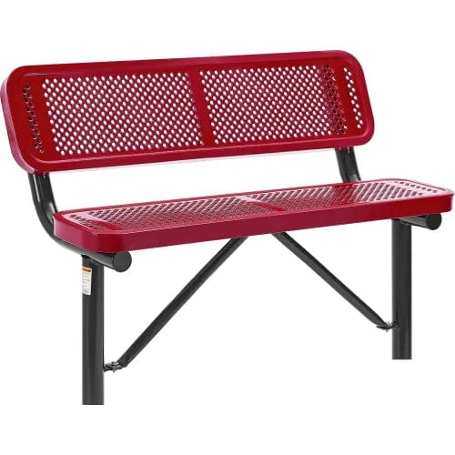 Centerline Dynamics Outdoor Seating 4' Outdoor Steel Bench w/ Backrest, Perforated Metal, In Ground Mount, Red
