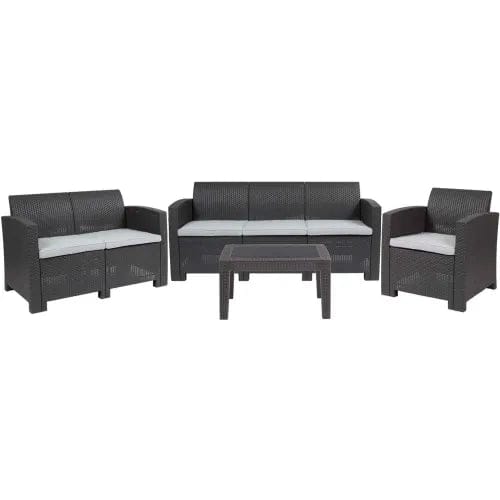 Centerline Dynamics Outdoor Seating 4 Piece Faux Rattan Outdoor Loveseat Set, Dark Gray w/ Light Gray Cushions