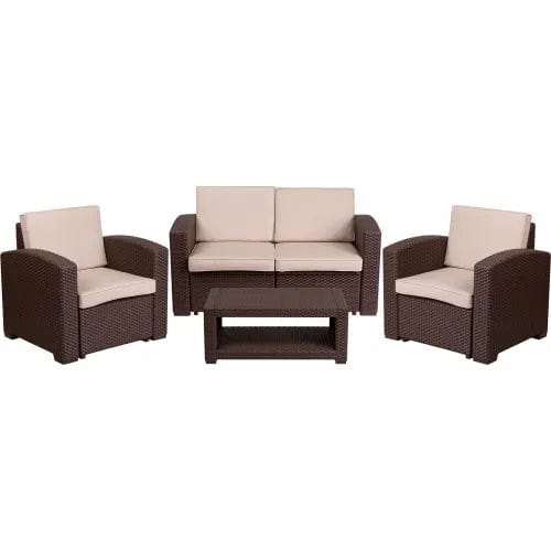 Centerline Dynamics Outdoor Seating 4 Piece Faux Rattan Outdoor Patio Set, Chocolate Brown w/ Beige Cushions