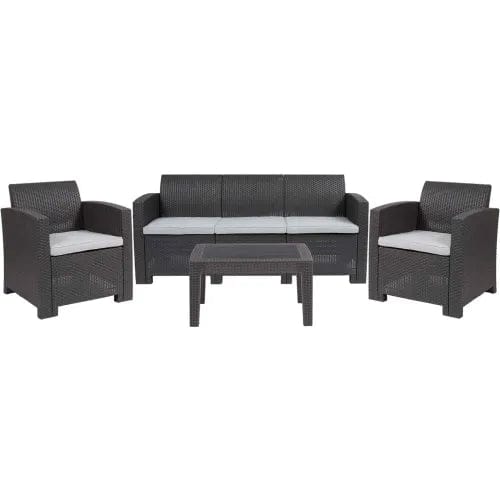 Centerline Dynamics Outdoor Seating 4 Piece Faux Rattan Outdoor Sofa Set, Dark Gray w/ Light Gray Cushions