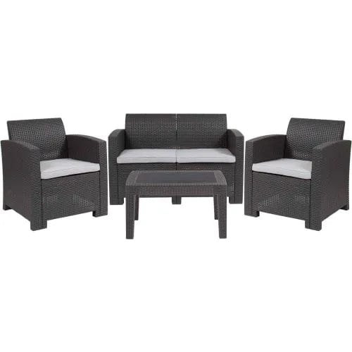 Centerline Dynamics Outdoor Seating 4 Piece Faux Rattan Patio Sofa Set, Dark Gray w/ Light Gray Cushions