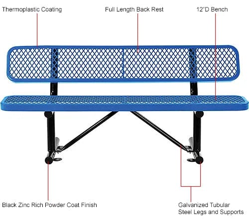 Centerline Dynamics Outdoor Seating 6' Outdoor Steel Bench w/ Backrest, Expanded Metal, Blue