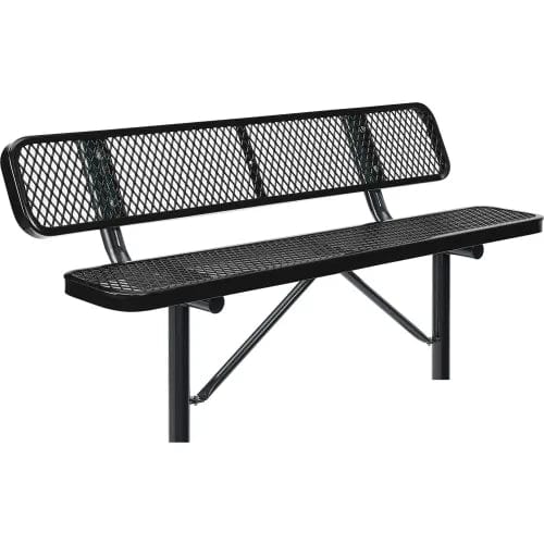Centerline Dynamics Outdoor Seating 6' Outdoor Steel Bench w/ Backrest, Expanded Metal, In Ground Mount, Black