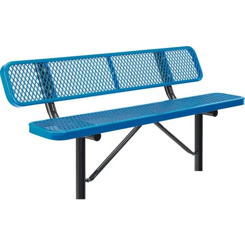 Centerline Dynamics Outdoor Seating 6' Outdoor Steel Bench w/ Backrest, Expanded Metal, In Ground Mount, Blue
