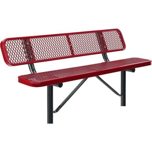 Centerline Dynamics Outdoor Seating 6' Outdoor Steel Bench w/ Backrest, Expanded Metal, In Ground Mount, Red