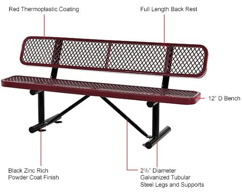 Centerline Dynamics Outdoor Seating 6' Outdoor Steel Bench w/ Backrest, Expanded Metal, Red
