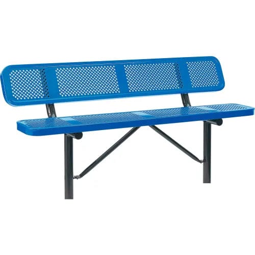 Centerline Dynamics Outdoor Seating 6' Outdoor Steel Bench w/ Backrest, Perforated Metal, In Ground Mount, Blue
