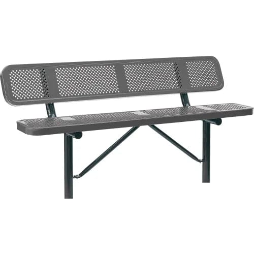 Centerline Dynamics Outdoor Seating 6' Outdoor Steel Bench w/ Backrest, Perforated Metal, In Ground Mount, Gray