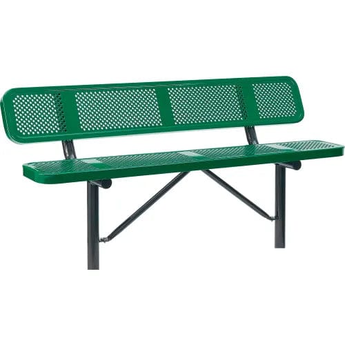 Centerline Dynamics Outdoor Seating 6' Outdoor Steel Bench w/ Backrest, Perforated Metal, In Ground Mount, Green
