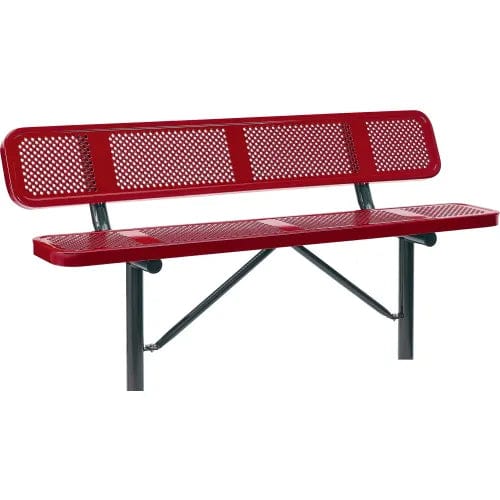 Centerline Dynamics Outdoor Seating 6' Outdoor Steel Bench w/ Backrest, Perforated Metal, In Ground Mount, Red