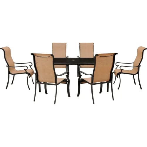 Centerline Dynamics Outdoor Seating 7 Piece Outdoor Dining Set w/ Glass Top Table, Harvest Wheat