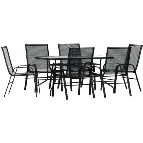 Centerline Dynamics Outdoor Seating 7 Piece Outdoor Patio Table w/ Umbrella Hole & Stack Chairs , Black