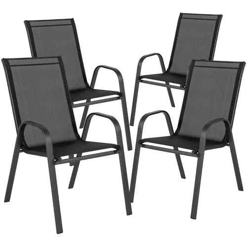 Centerline Dynamics Outdoor Seating 7 Piece Outdoor Patio Table w/ Umbrella Hole & Stack Chairs , Black