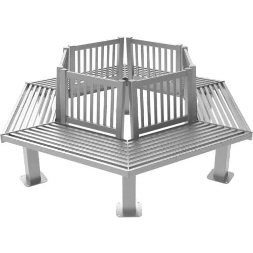 Centerline Dynamics Outdoor Seating 8' Hexagon Tree Bench with Back, In-Ground Mount, Gray