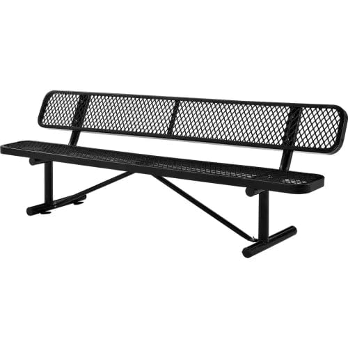 Centerline Dynamics Outdoor Seating 8' Outdoor Steel Bench w/ Backrest, Expanded Metal, Black