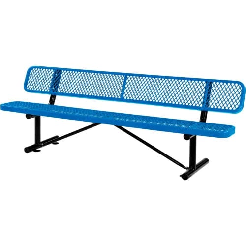 Centerline Dynamics Outdoor Seating 8' Outdoor Steel Bench w/ Backrest, Expanded Metal, Blue