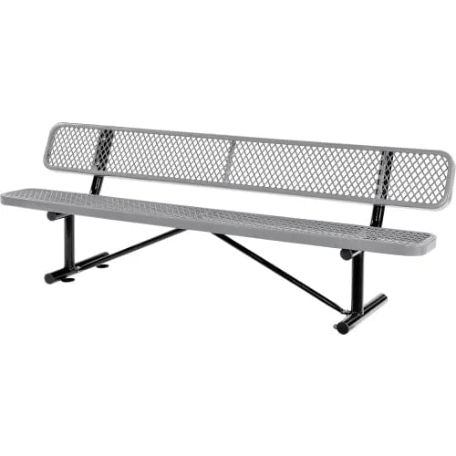 Centerline Dynamics Outdoor Seating 8' Outdoor Steel Bench w/ Backrest, Expanded Metal, Gray
