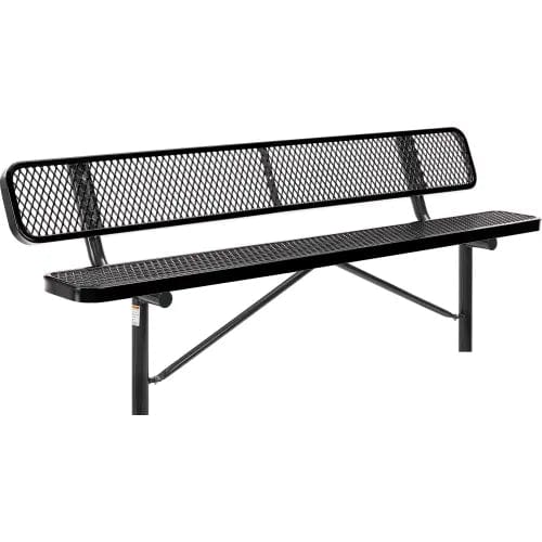 Centerline Dynamics Outdoor Seating 8' Outdoor Steel Bench w/ Backrest, Expanded Metal, In Ground Mount, Black