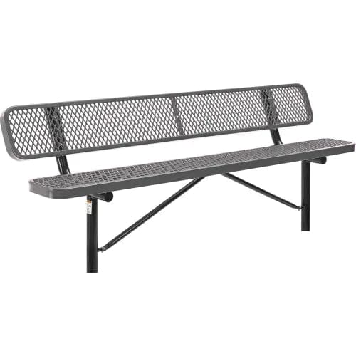 Centerline Dynamics Outdoor Seating 8' Outdoor Steel Bench w/ Backrest, Expanded Metal, In Ground Mount, Gray