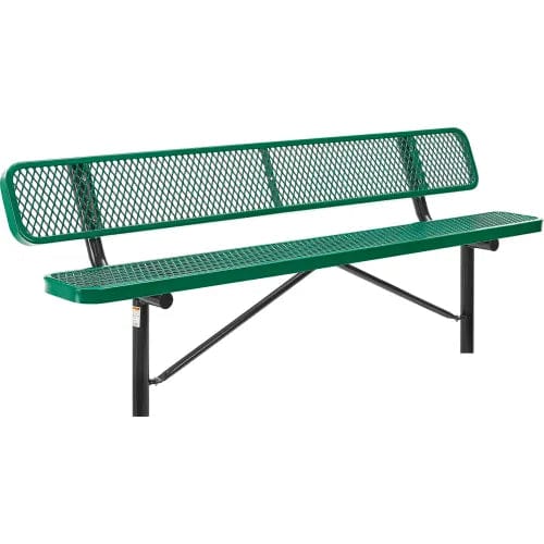 Centerline Dynamics Outdoor Seating 8' Outdoor Steel Bench w/ Backrest, Expanded Metal, In Ground Mount, Green