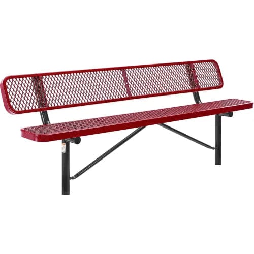 Centerline Dynamics Outdoor Seating 8' Outdoor Steel Bench w/ Backrest, Expanded Metal, In Ground Mount, Red