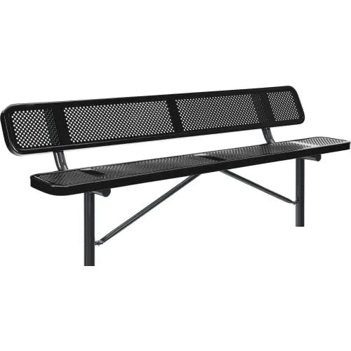 Centerline Dynamics Outdoor Seating 8' Outdoor Steel Bench w/ Backrest, Perforated Metal, In Ground Mount, Black