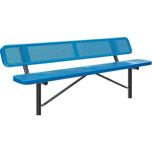 Centerline Dynamics Outdoor Seating 8' Outdoor Steel Bench w/ Backrest, Perforated Metal, In Ground Mount, Blue
