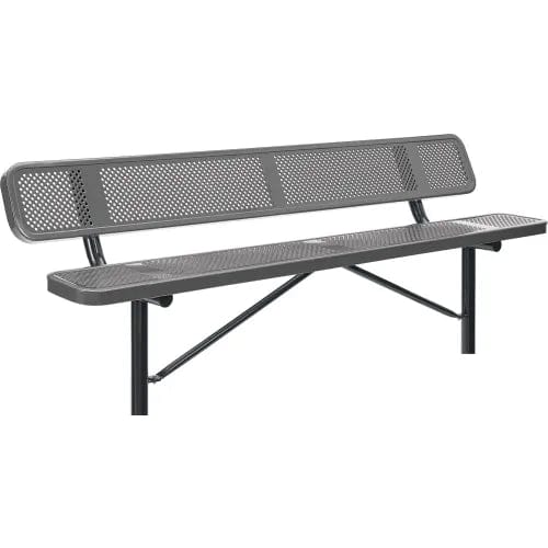 Centerline Dynamics Outdoor Seating 8' Outdoor Steel Bench w/ Backrest, Perforated Metal, In Ground Mount, Gray