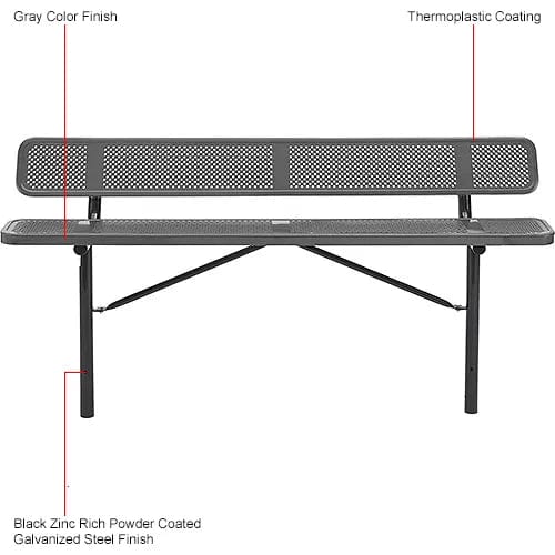 Centerline Dynamics Outdoor Seating 8' Outdoor Steel Bench w/ Backrest, Perforated Metal, In Ground Mount, Gray