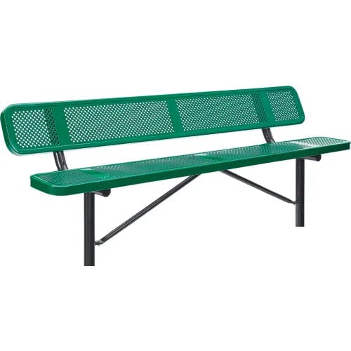 Centerline Dynamics Outdoor Seating 8' Outdoor Steel Bench w/ Backrest, Perforated Metal, In Ground Mount, Green