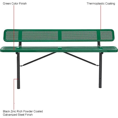 Centerline Dynamics Outdoor Seating 8' Outdoor Steel Bench w/ Backrest, Perforated Metal, In Ground Mount, Green