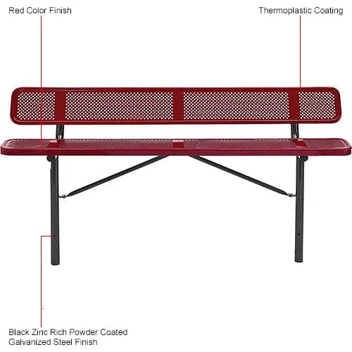 Centerline Dynamics Outdoor Seating 8' Outdoor Steel Bench w/ Backrest, Perforated Metal, In Ground Mount, Red