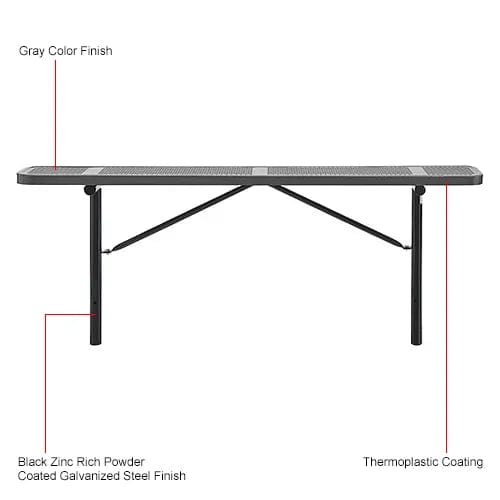 Centerline Dynamics Outdoor Seating 8' Outdoor Steel Flat Bench, Perforated Metal, In Ground Mount, Gray