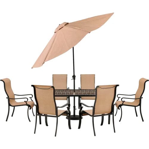 Centerline Dynamics Outdoor Seating Brigantine 7 Piece Outdoor Dining Set w/ Cast Top Table & Umbrella, Harverst Wheat