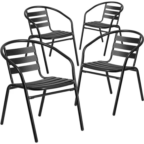 Centerline Dynamics Outdoor Seating Flash Furniture Black Metal Restaurant Stack Chair with Aluminum Slats, Pack of 4