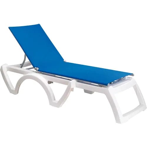 Centerline Dynamics Outdoor Seating Jamaica Beach Adj. Sling Chaise Lounge, Blue Sling w/ White Frame - Pkg Qty 16