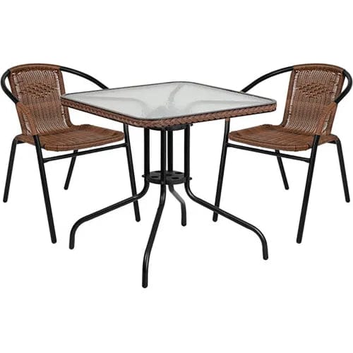 Centerline Dynamics Outdoor Seating Lila 3 Piece Square Glass Metal Table w/ Stack Chairs, Dark Brown
