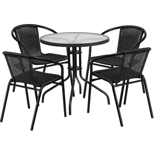 Centerline Dynamics Outdoor Seating Lila 5 Piece Round Glass Metal Table w/ Stack Chairs, Black